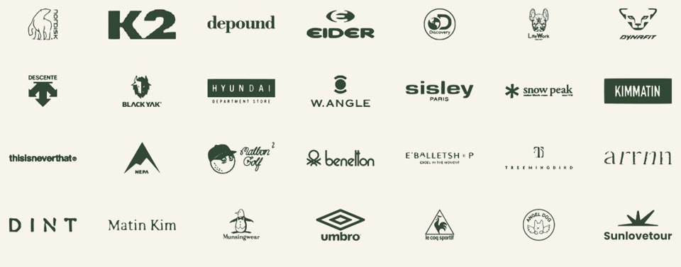 K2, EIDER, Discovery, DESCENTE, BLACK YAK, sisley, snow peak 등 파트너사 로고