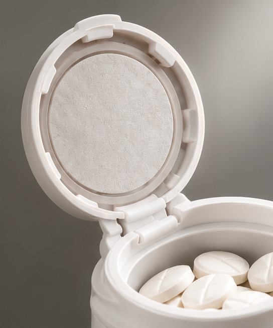 Paper desiccant disc inside the lid