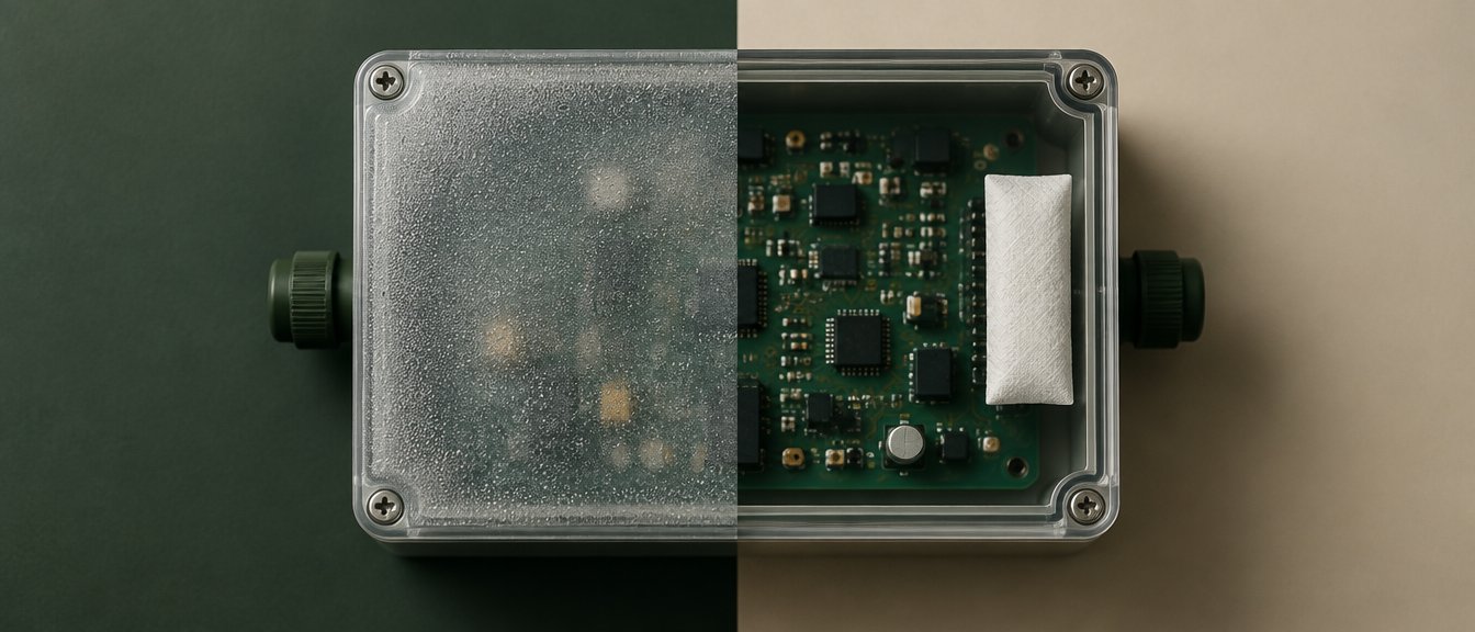 Left: enclosure lid fogged by condensation. Right: clear enclosure with Smart Dry attached